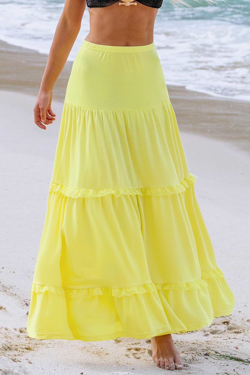 Yellow Ruffled Lace Maxi Skirt