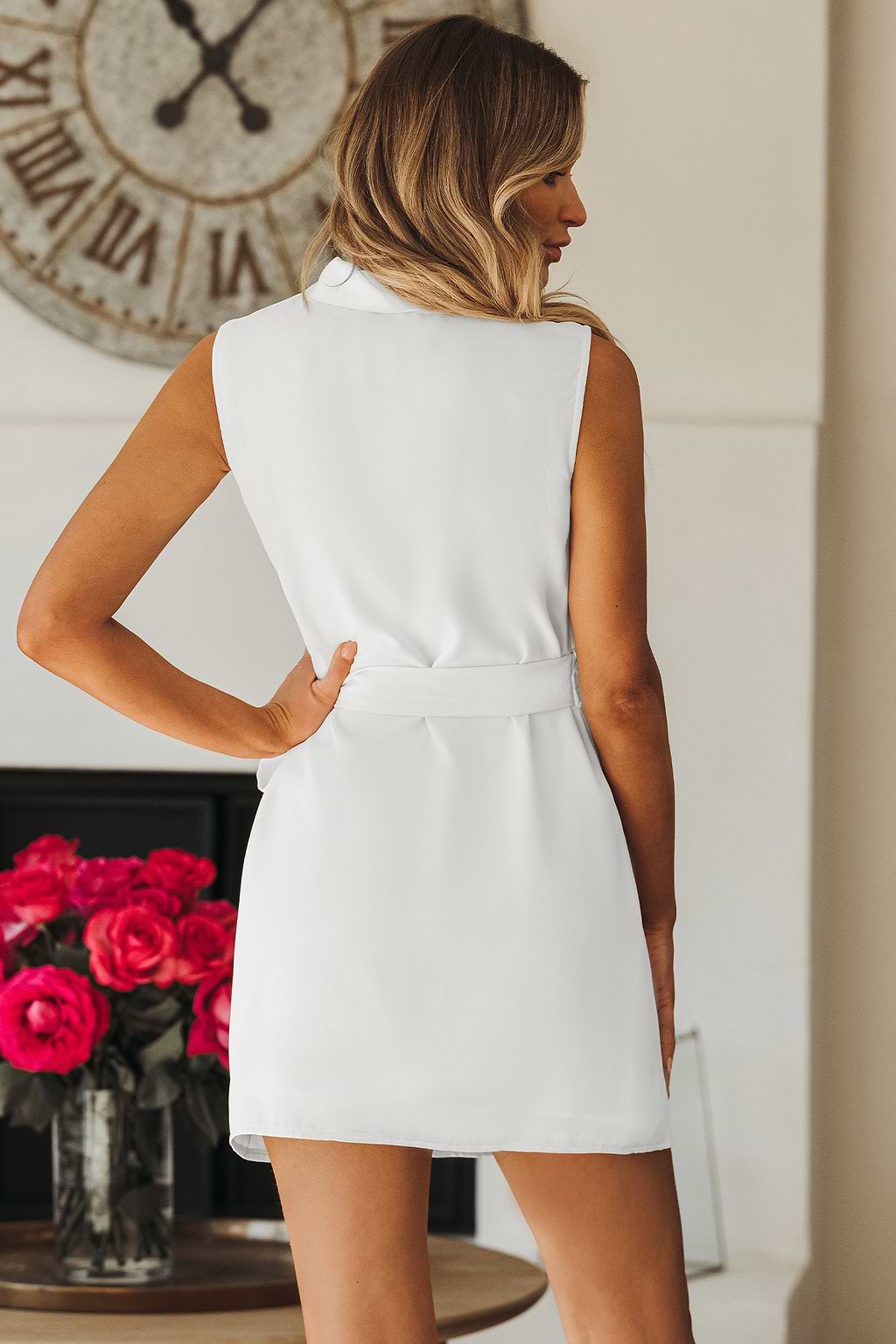 Ivory Sleeveless Collared Wrap Mini Dress