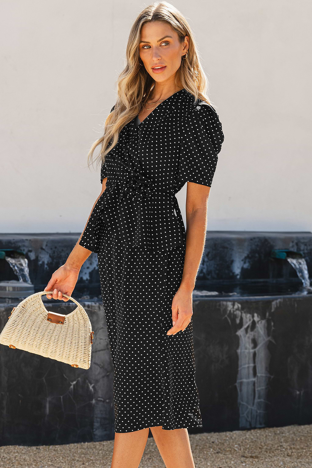 Black & White Polka Dot Peplum Blouse & Midi Skirt Set