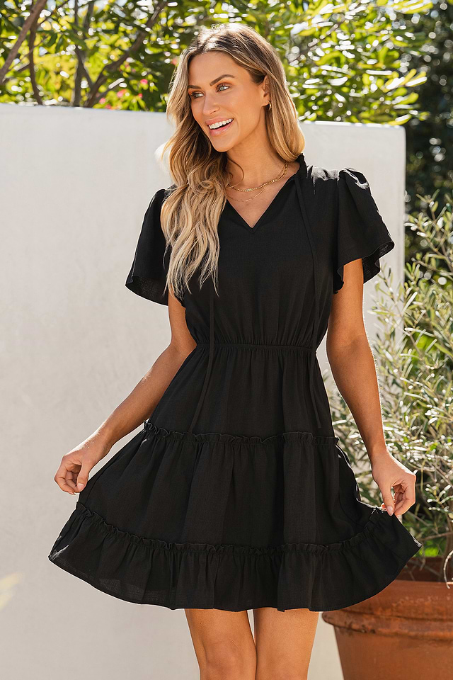 Black Split Neck Flared Sleeve Mini Dress