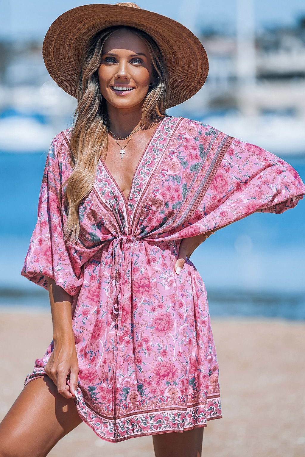 Pink Floral Plunging Blouson Sleeve Mini Dress