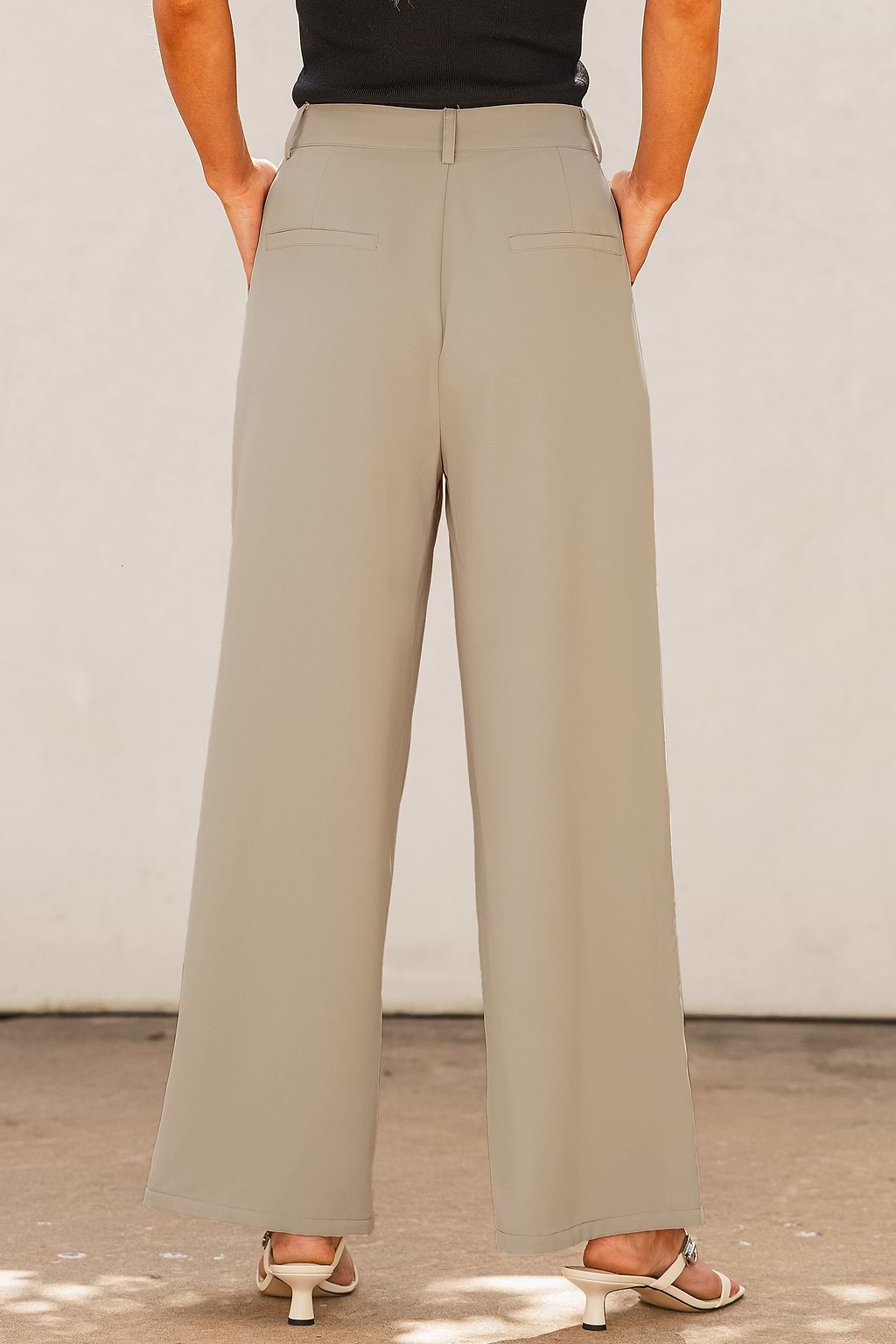 Beige Pleated Straight Leg Pants