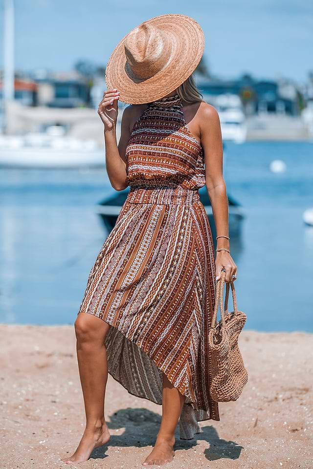 asymmetrical ruffle halter dress Halterneck Asymmetric Ruffle Hem Detail Mini Dress In Chocolate Brown Bengaline | EGO US