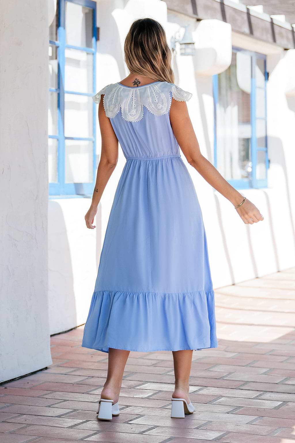 Sky Blue Split Neck Lace Sleeve Maxi Dress