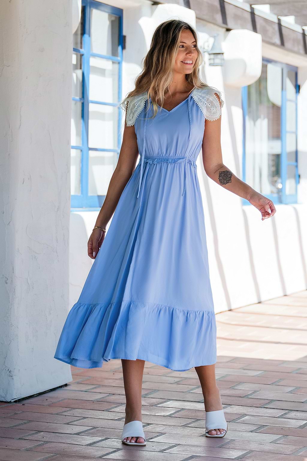 Sky Blue Split Neck Lace Sleeve Maxi Dress