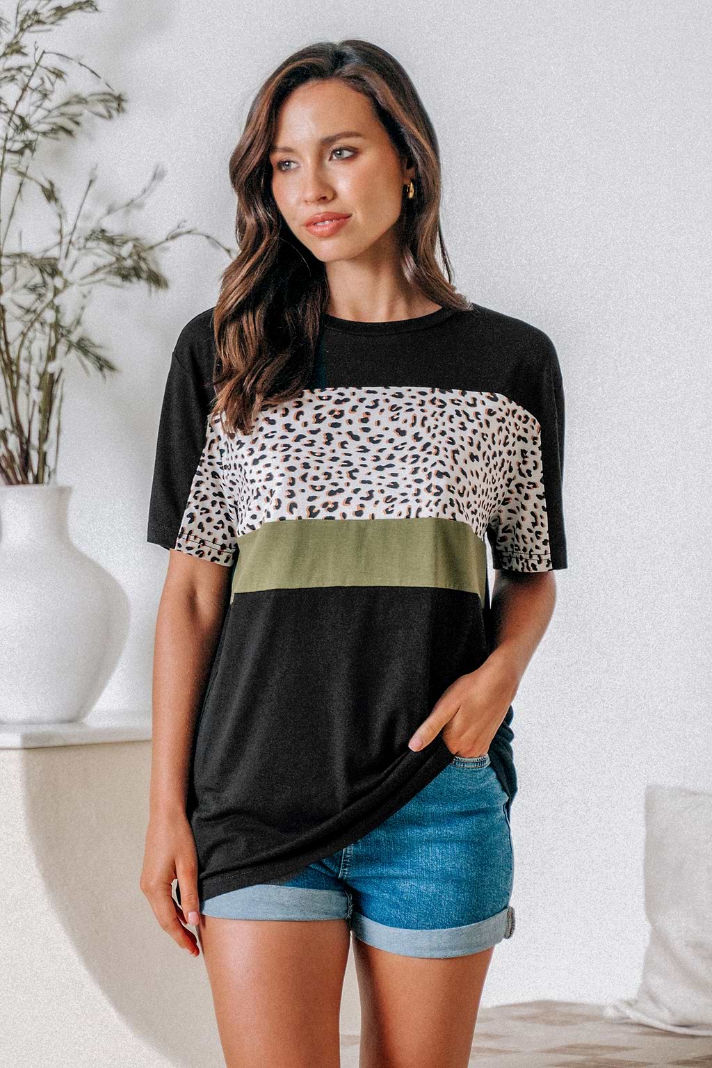 T-shirt en jersey avec manches courtes à imprimé léopard