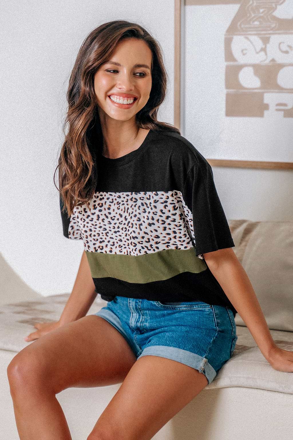 T-shirt en jersey avec manches courtes à imprimé léopard