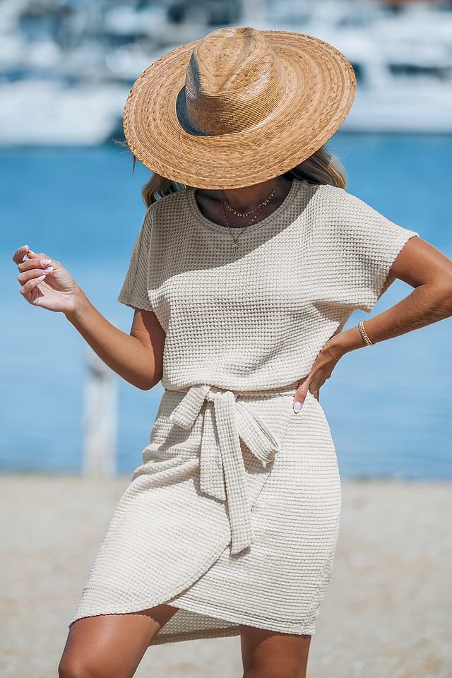 Beige Round Neck Short Sleeve Asymmetrical Hem Mini Dress