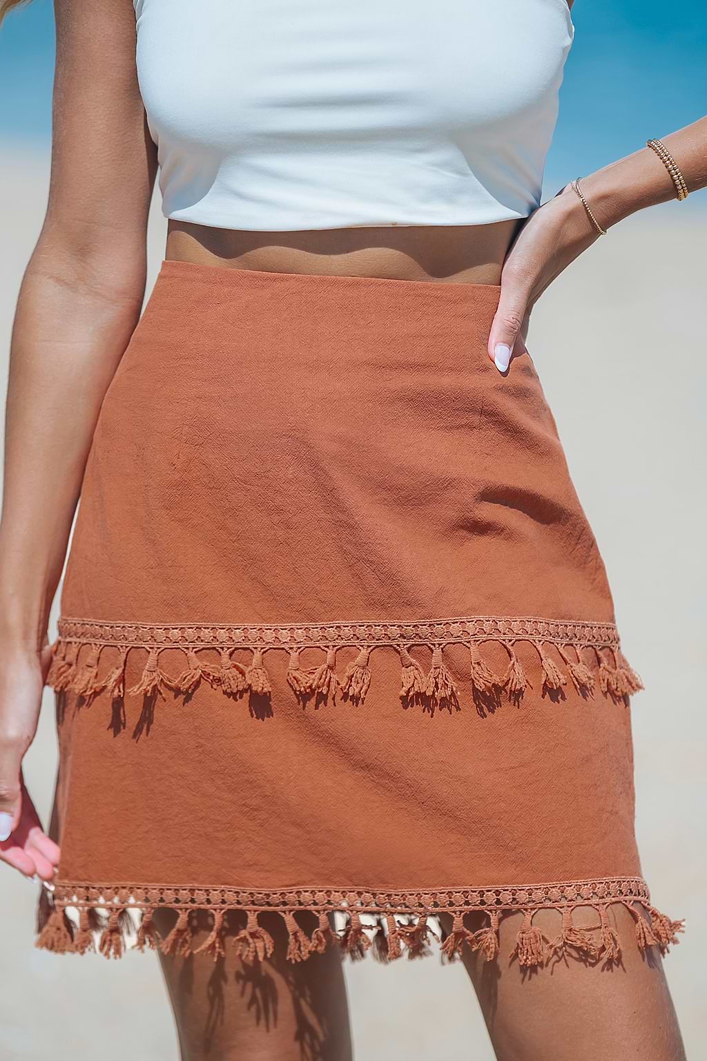 Burnt Orange Tassel Bodycon Mini Skirt