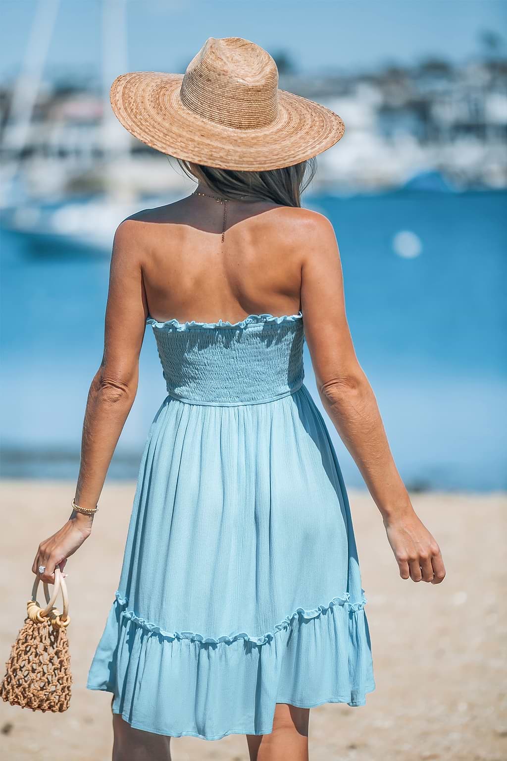 Light Blue Smocked Bodice Ruffled Mini Dress