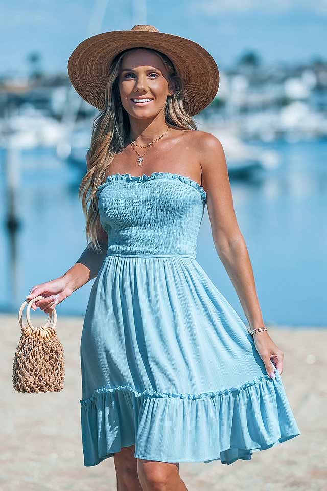 Light Blue Smocked Bodice Ruffled Mini Dress