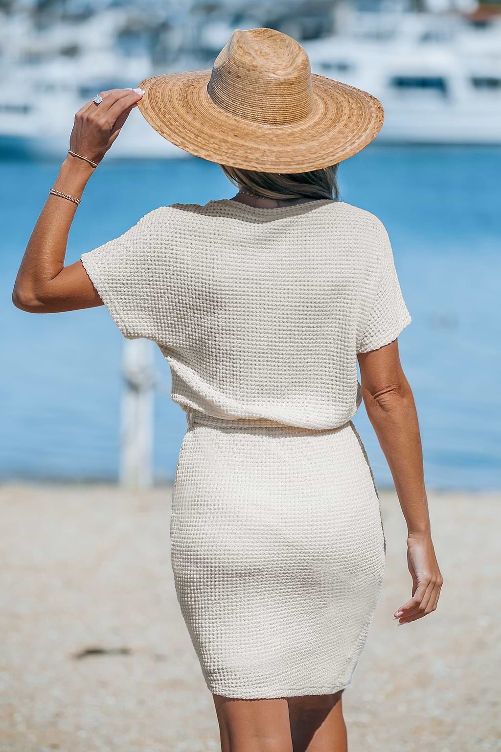 Beige Round Neck Short Sleeve Asymmetrical Hem Mini Dress