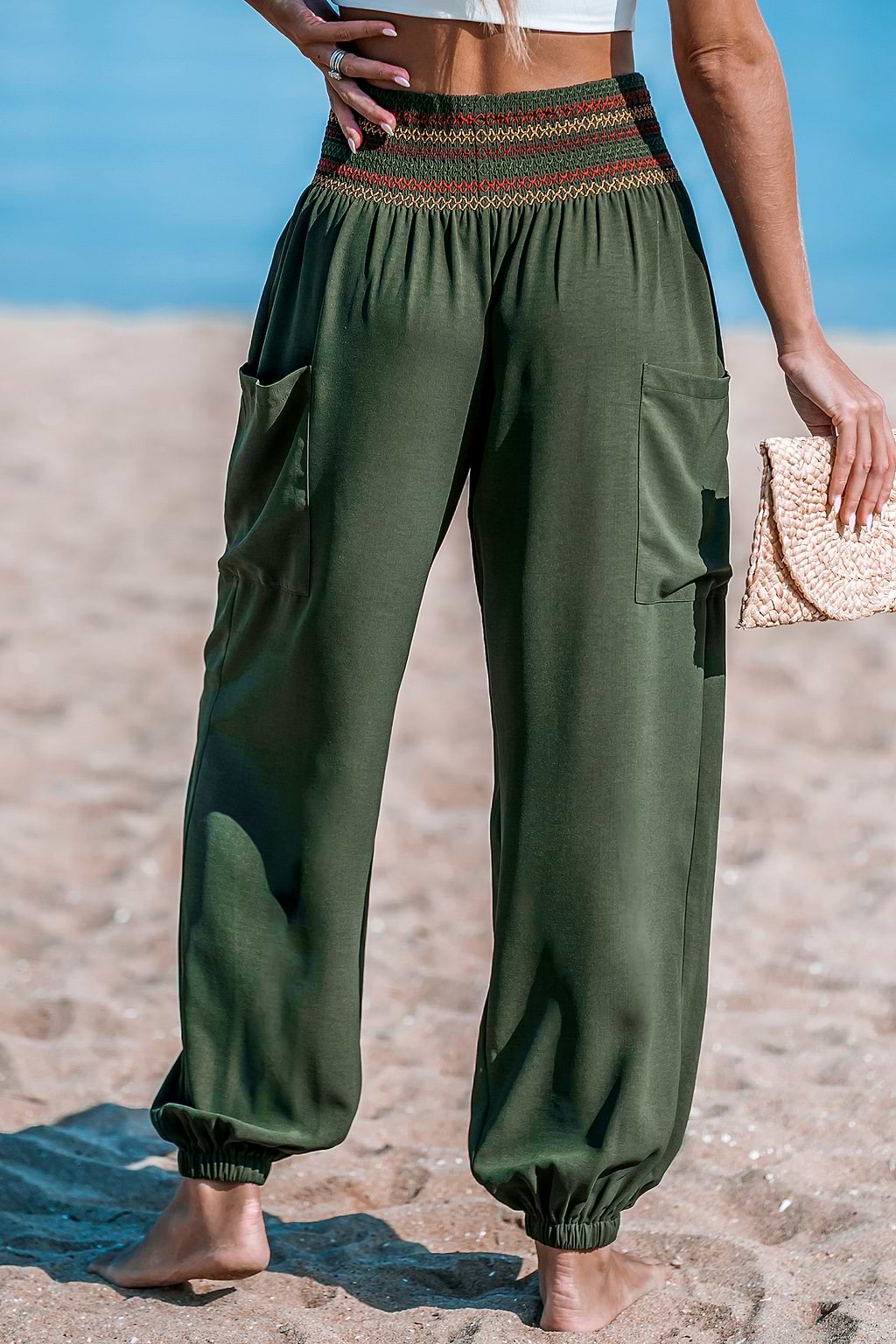 Olive Smocked Waist Patch Pocket Tapered Leg Pants