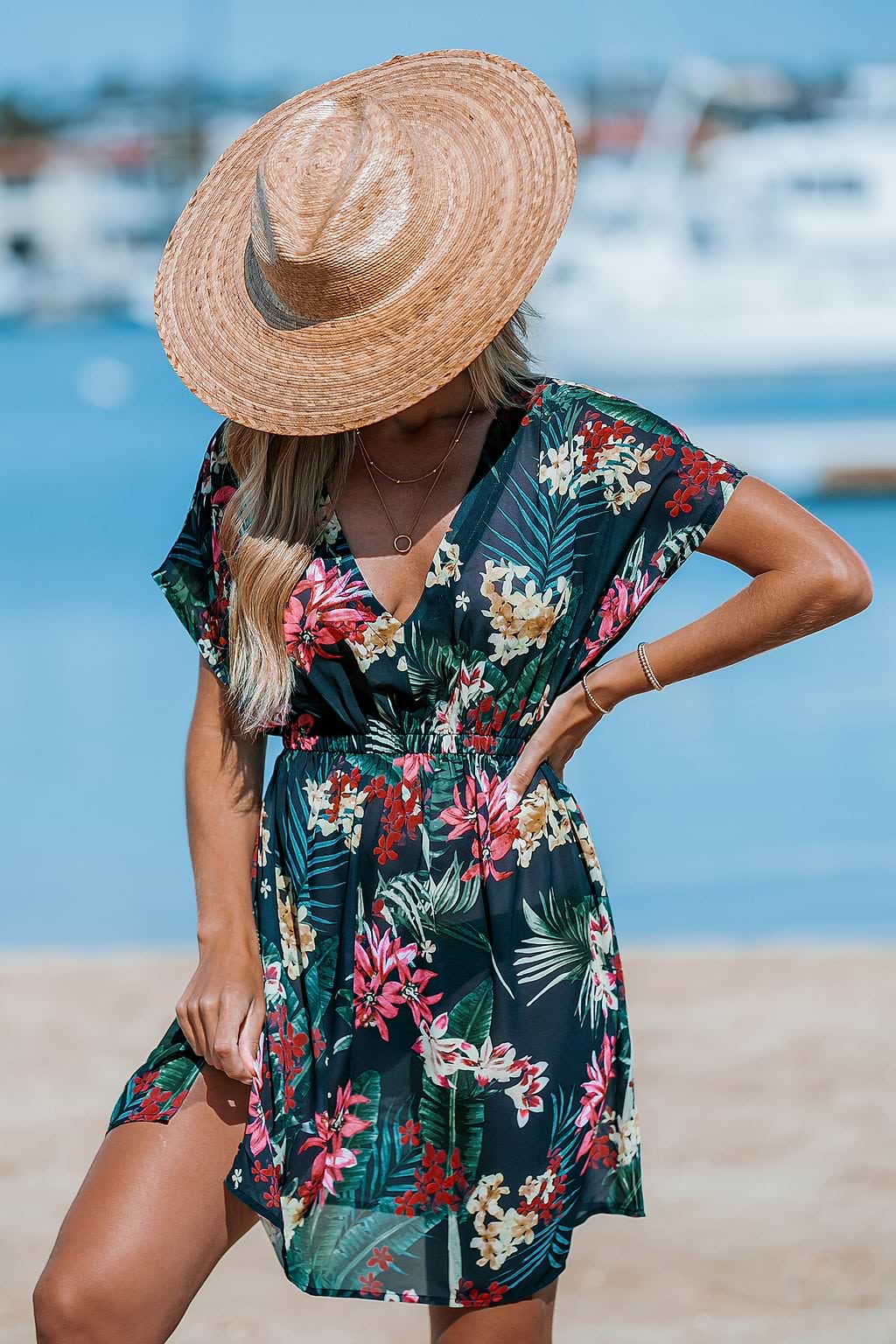 Midnight Tropics Dolman mouw mini cover-up