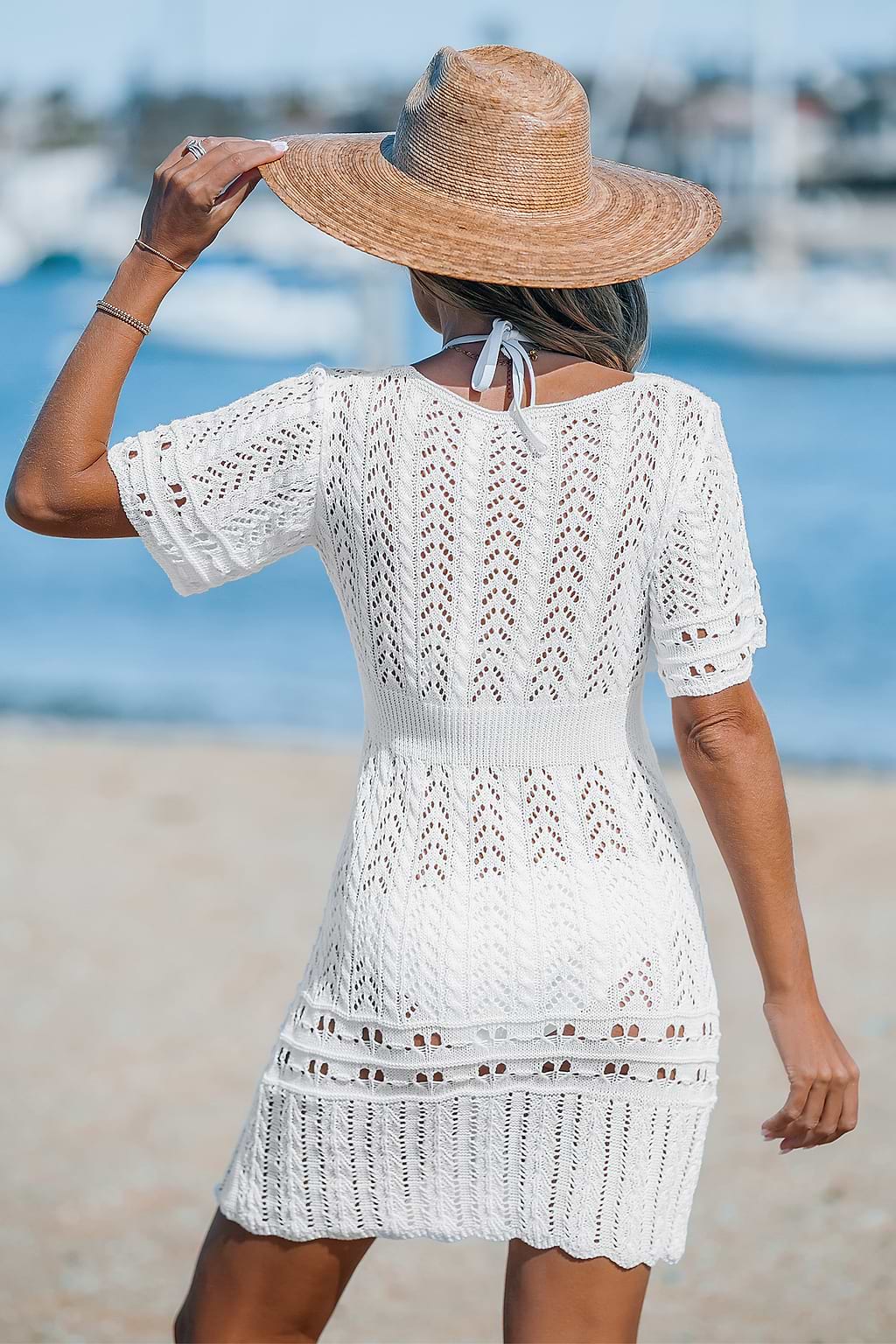 White Open Knit Short Sleeve Mini Cover-Up