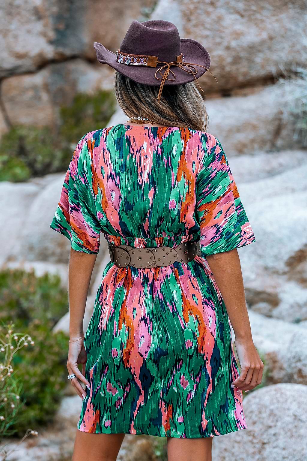 Abstract Surplice Dolman Sleeve Mini Dress