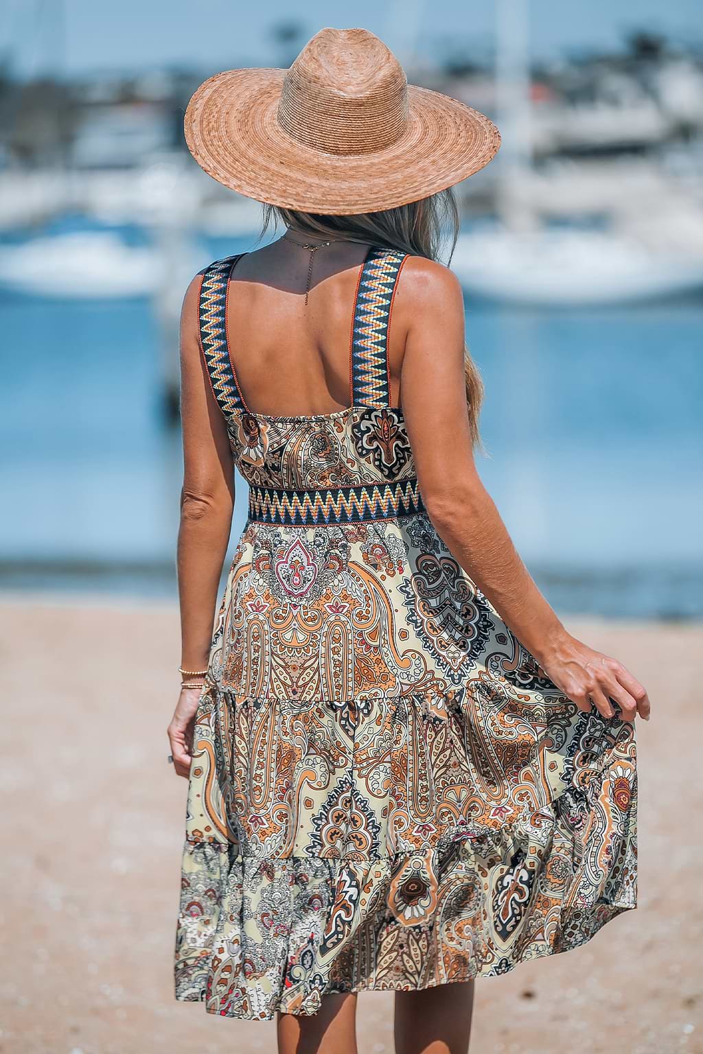 Light Brown Boho Sleeveless V-Neck Midi Dress