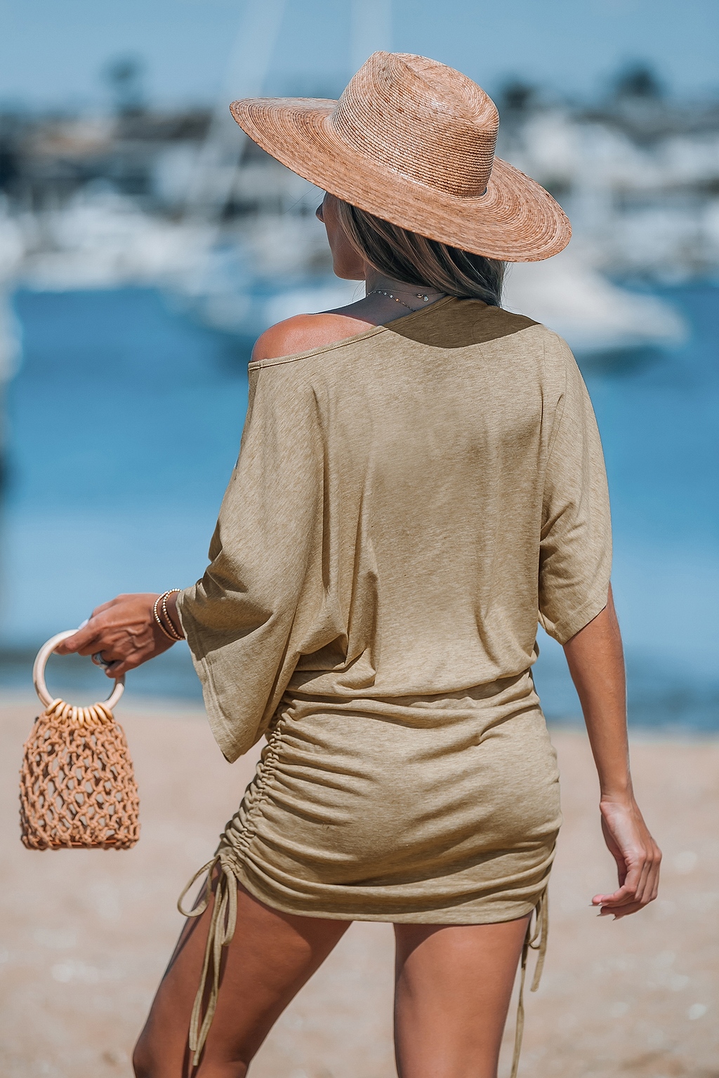 Robe à épaules dénudées et demi-manches kaki