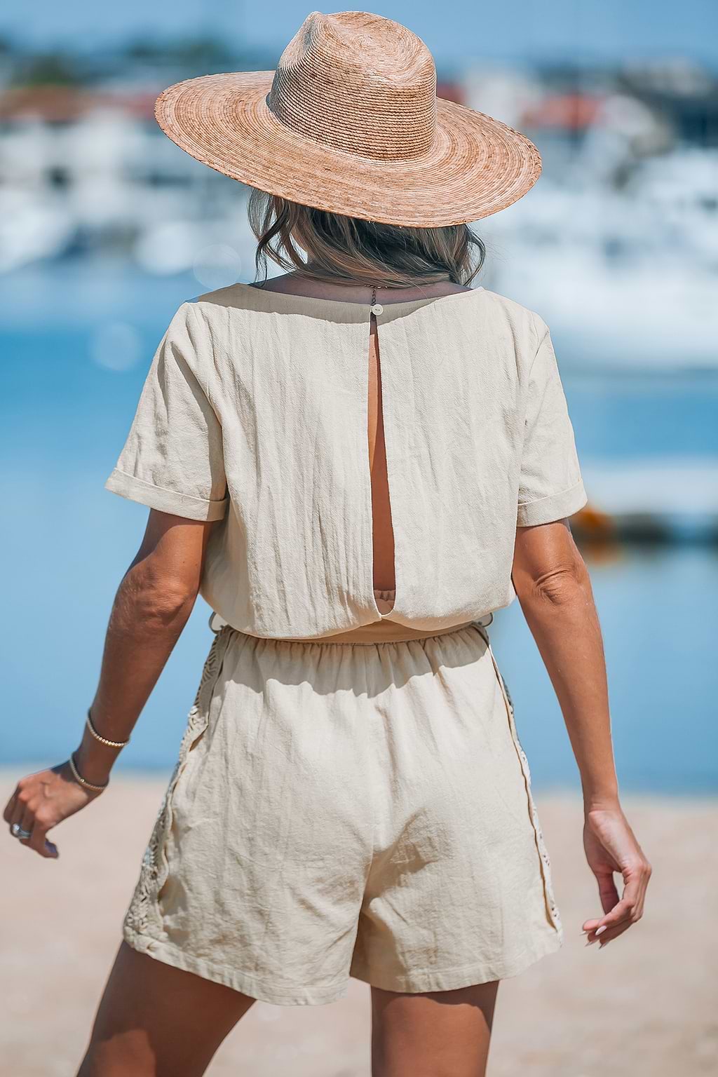 Combishort en pur coton à jambes droites en dentelle kaki