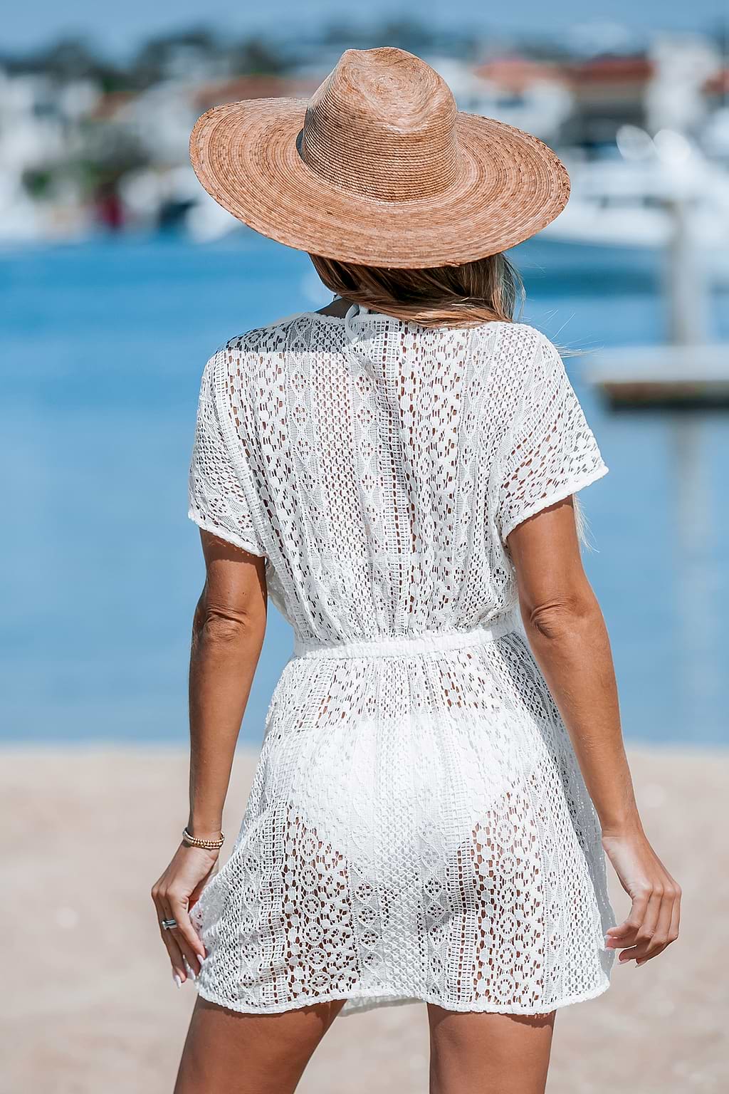 White Short Sleeve Plunging Mini Cover-Up