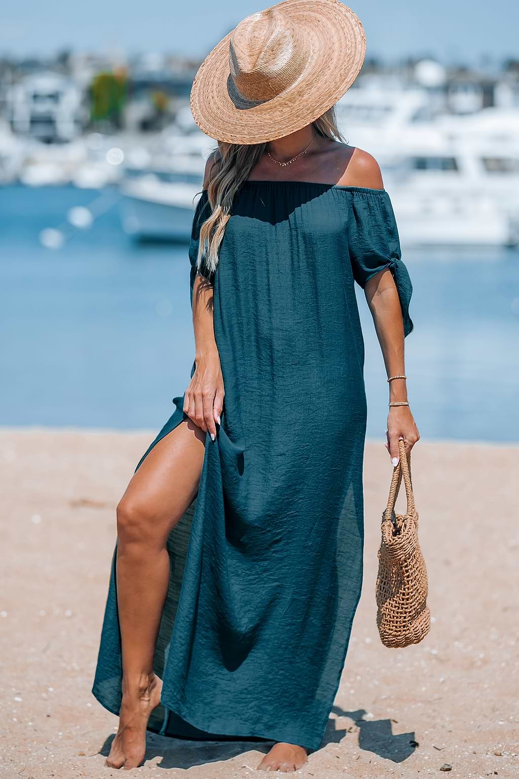 Navy Off-Shoulder Split Hem Maxi Cover-Up Dress