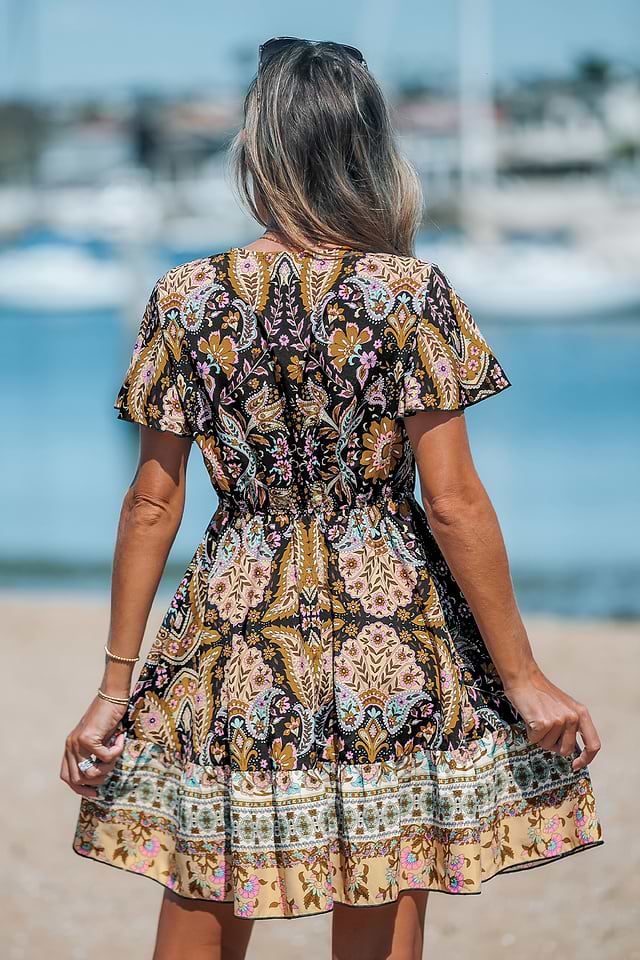 Black Boho V-Neck Flared Sleeve Mini Dress