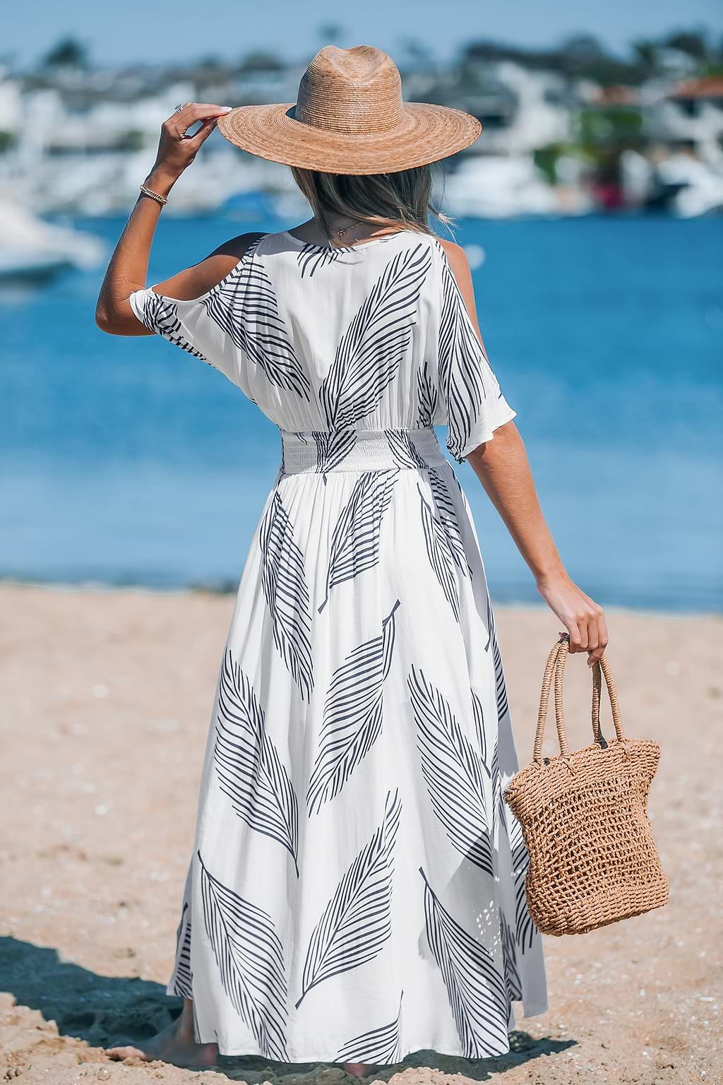 Tropische gesmokte taille maxi-jurk