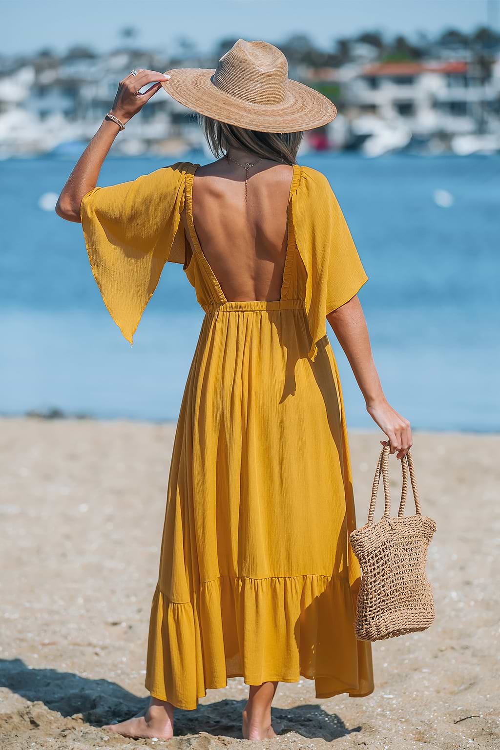 Sunflower Yellow Plunging Butterfly Sleeve Midi Dress