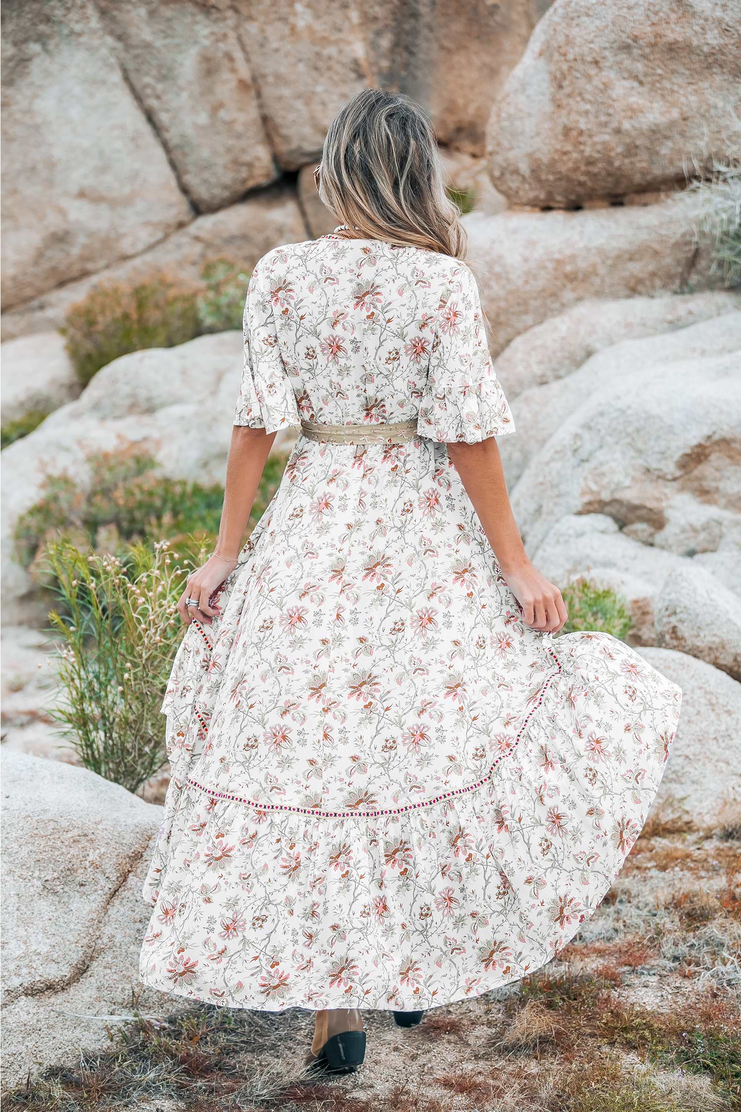 Romantic Floral Plunging Asymmetrical Hem Midi Dress