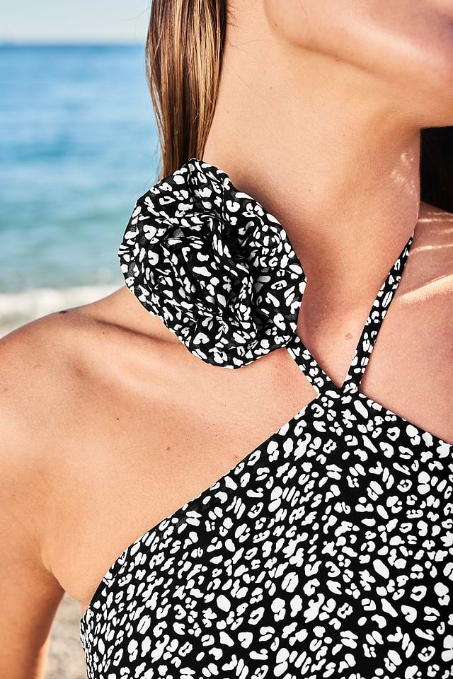 Black & White Leopard Halterneck Ruffle Mini Dress