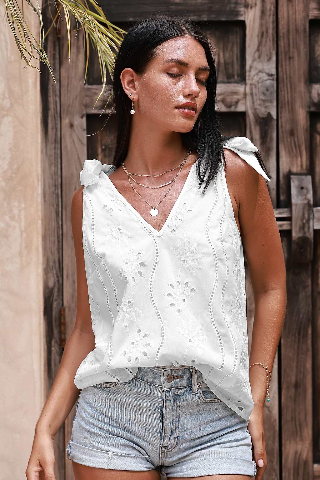White Cotton Eyelet Tie Shoulder Tank Top