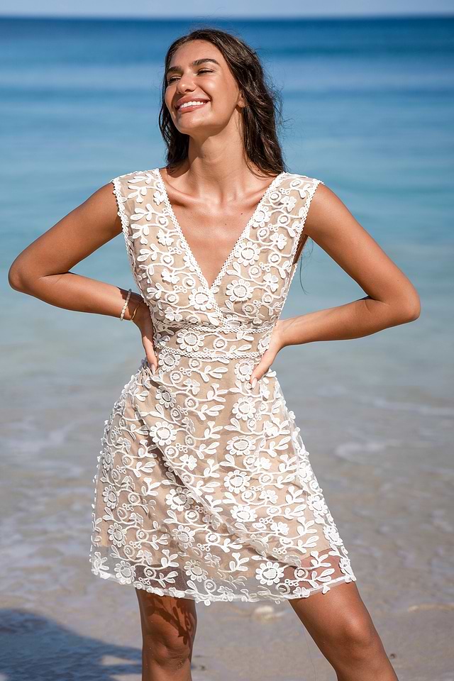 Floral Lace Sleeveless Surplice Mini Dress
