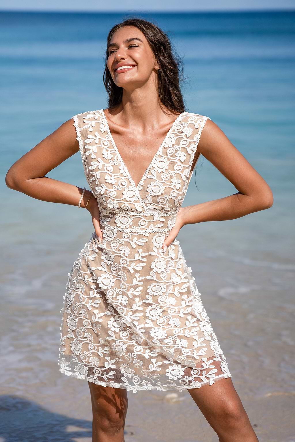 Floral Lace Sleeveless Surplice Mini Dress