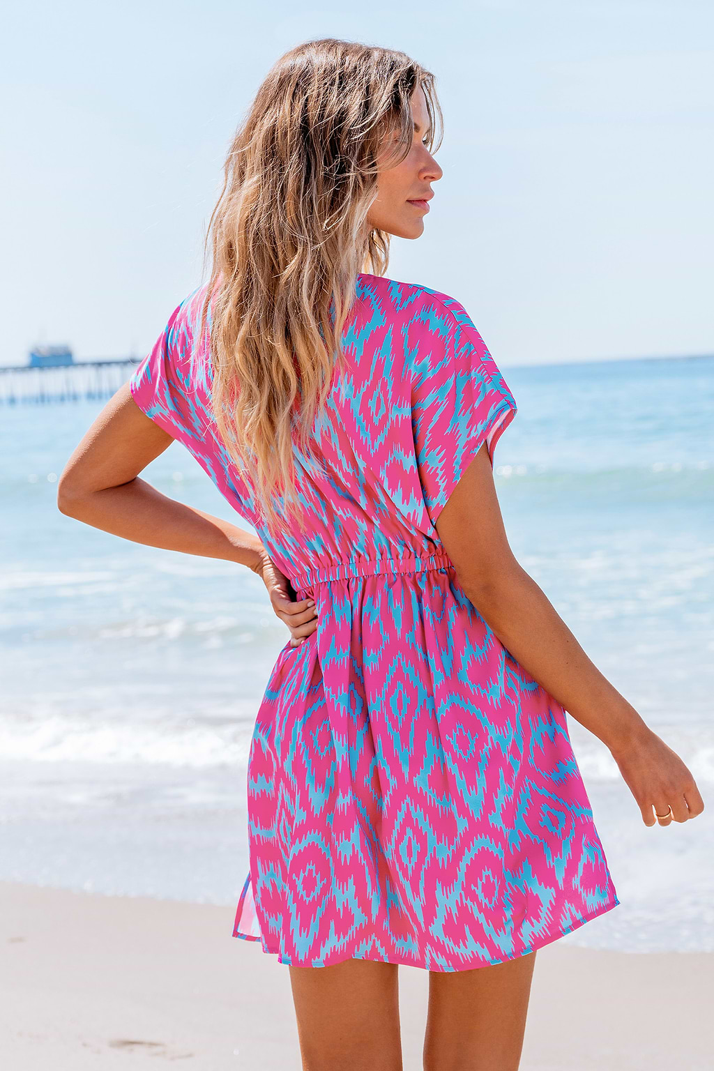 Rosa Boho Dolman-Ärmel V-Ausschnitt Minikleid