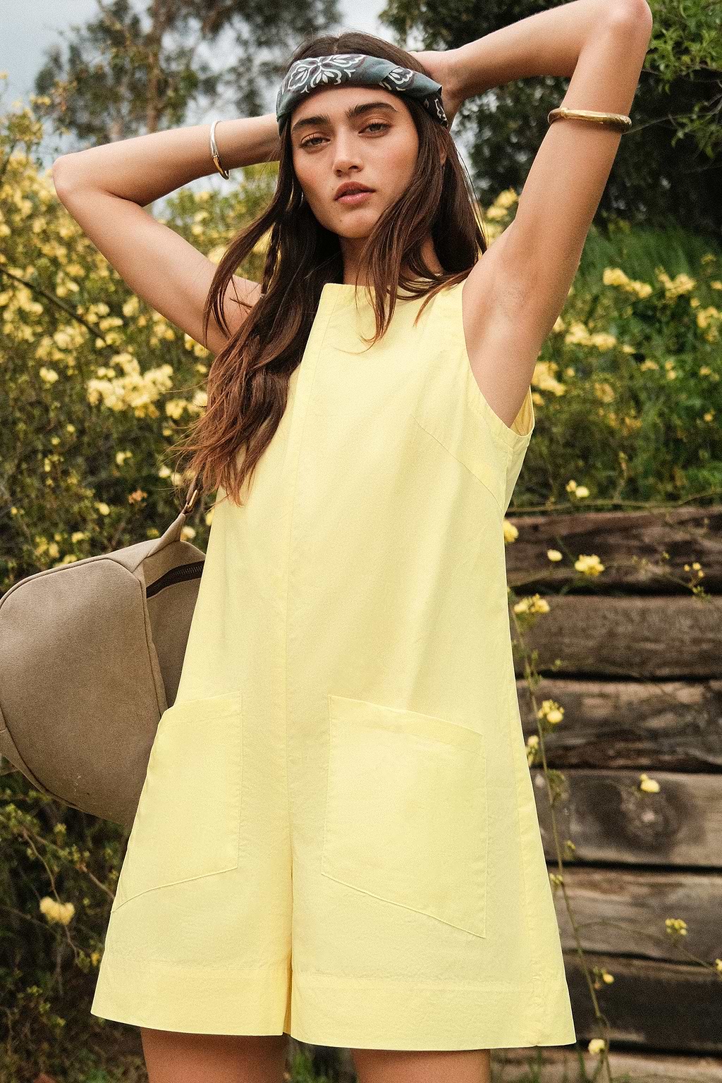 Yellow Round Neck Patch Pocket Romper