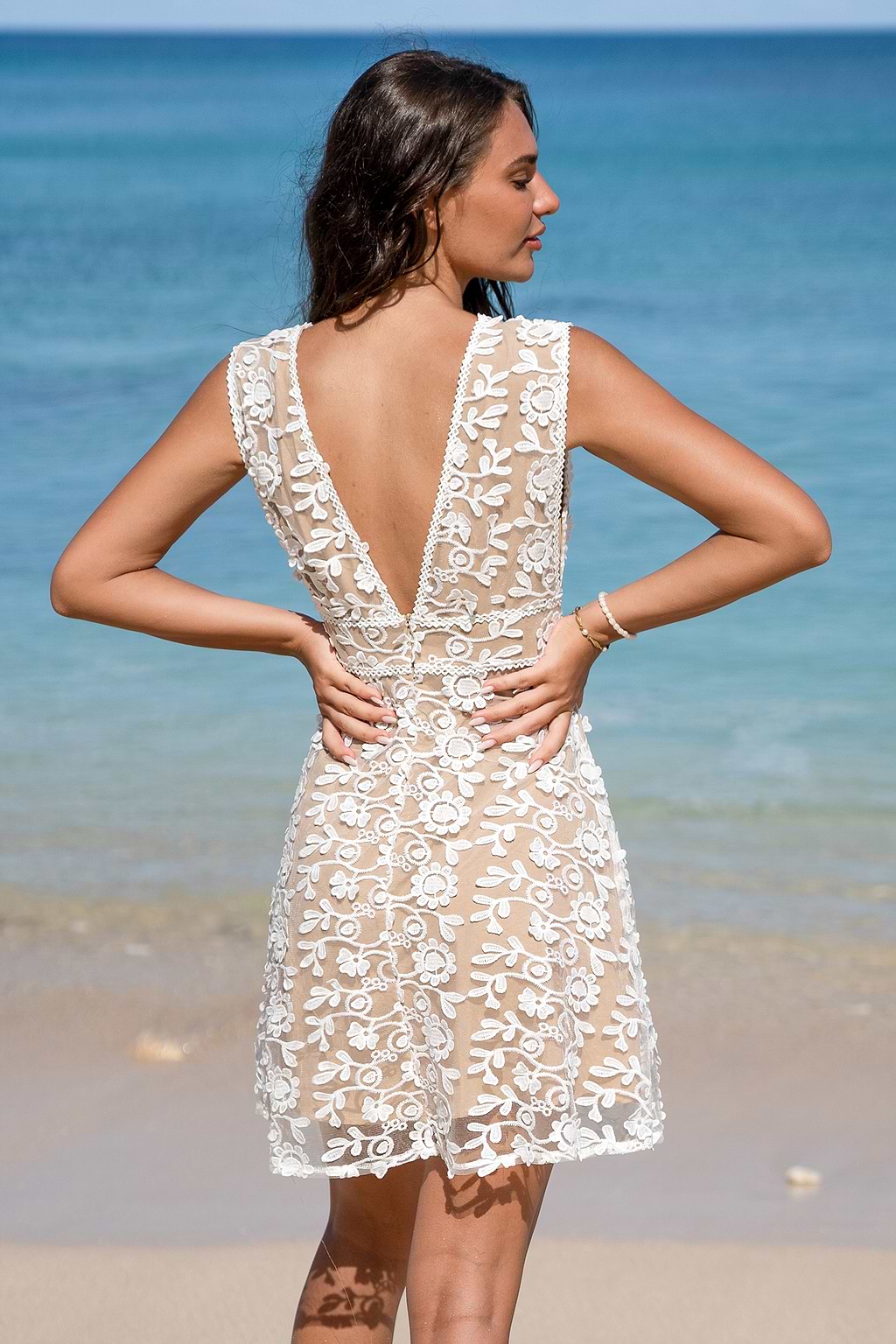 Floral Lace Sleeveless Surplice Mini Dress