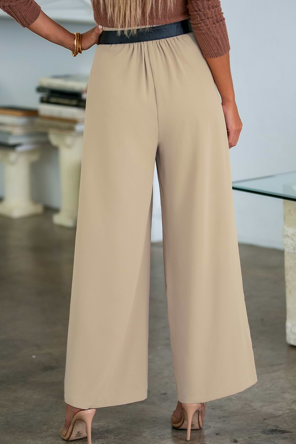 Abrikoos Pintuck-broek met rechte pijpen