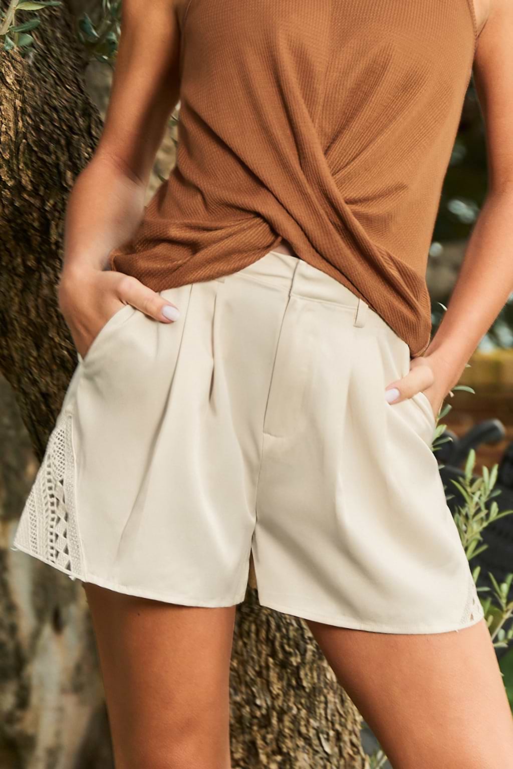 Beige Woven & Crochet Straight Leg Shorts