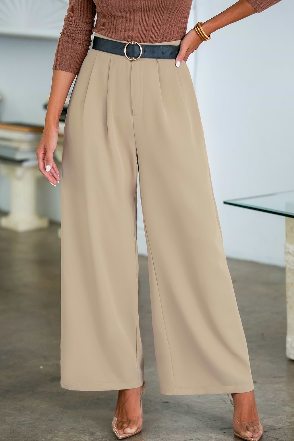 Abrikoos Pintuck-broek met rechte pijpen