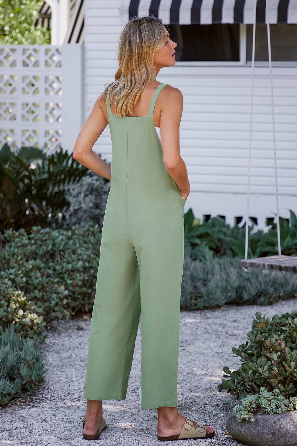 Sage Square Neck Patch Pocket Pinafore Jumpsuit