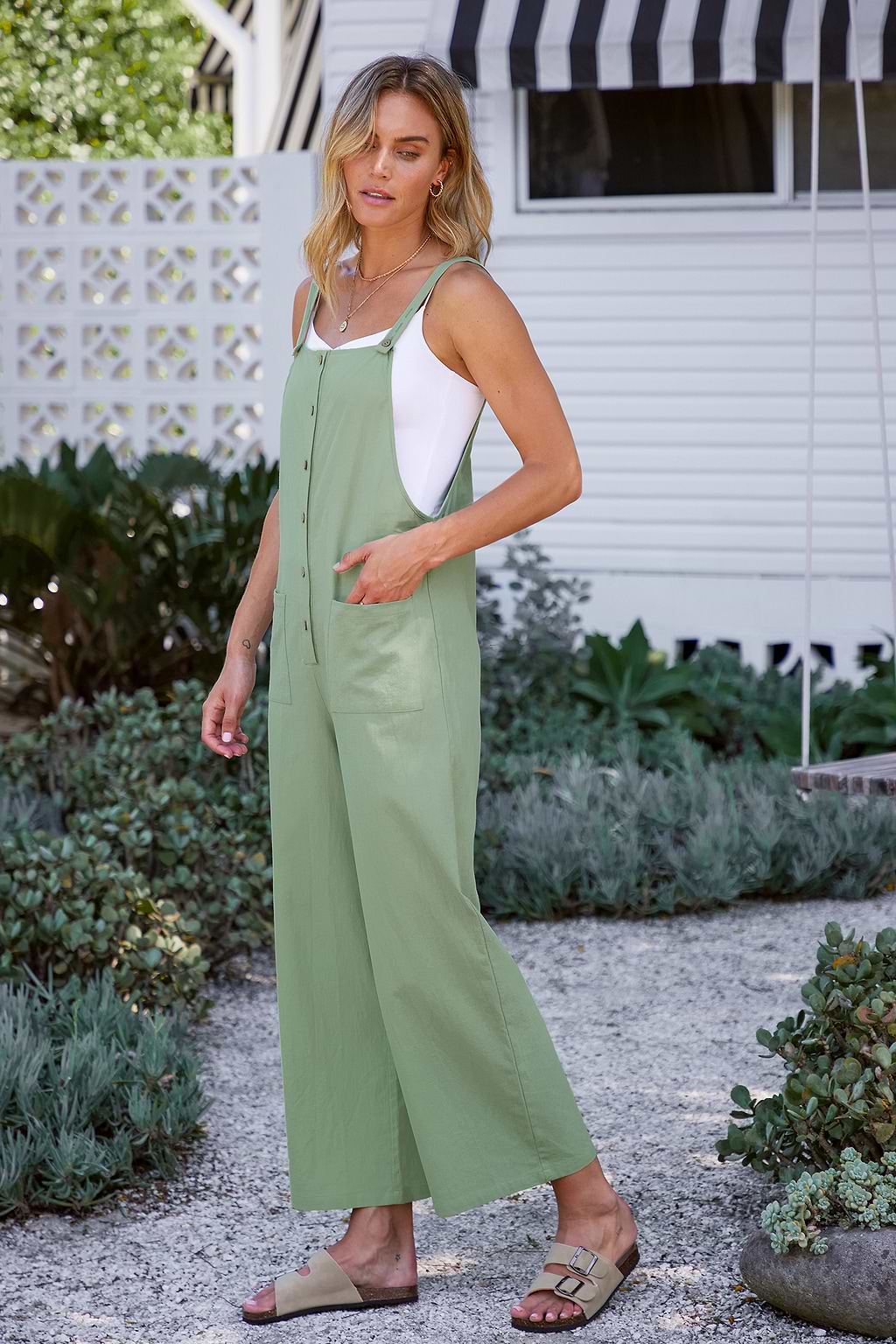 Sage Square Neck Patch Pocket Pinafore Jumpsuit