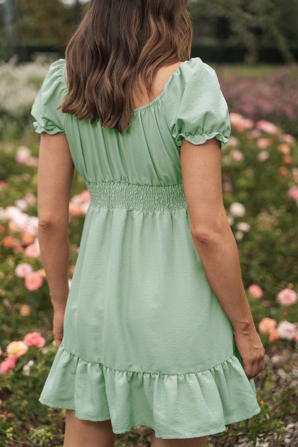 Soft Green Square Neck Puff Sleeve Flounce Mini Dress