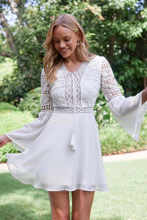 White Bell Sleeve V-Neck Mini Dress