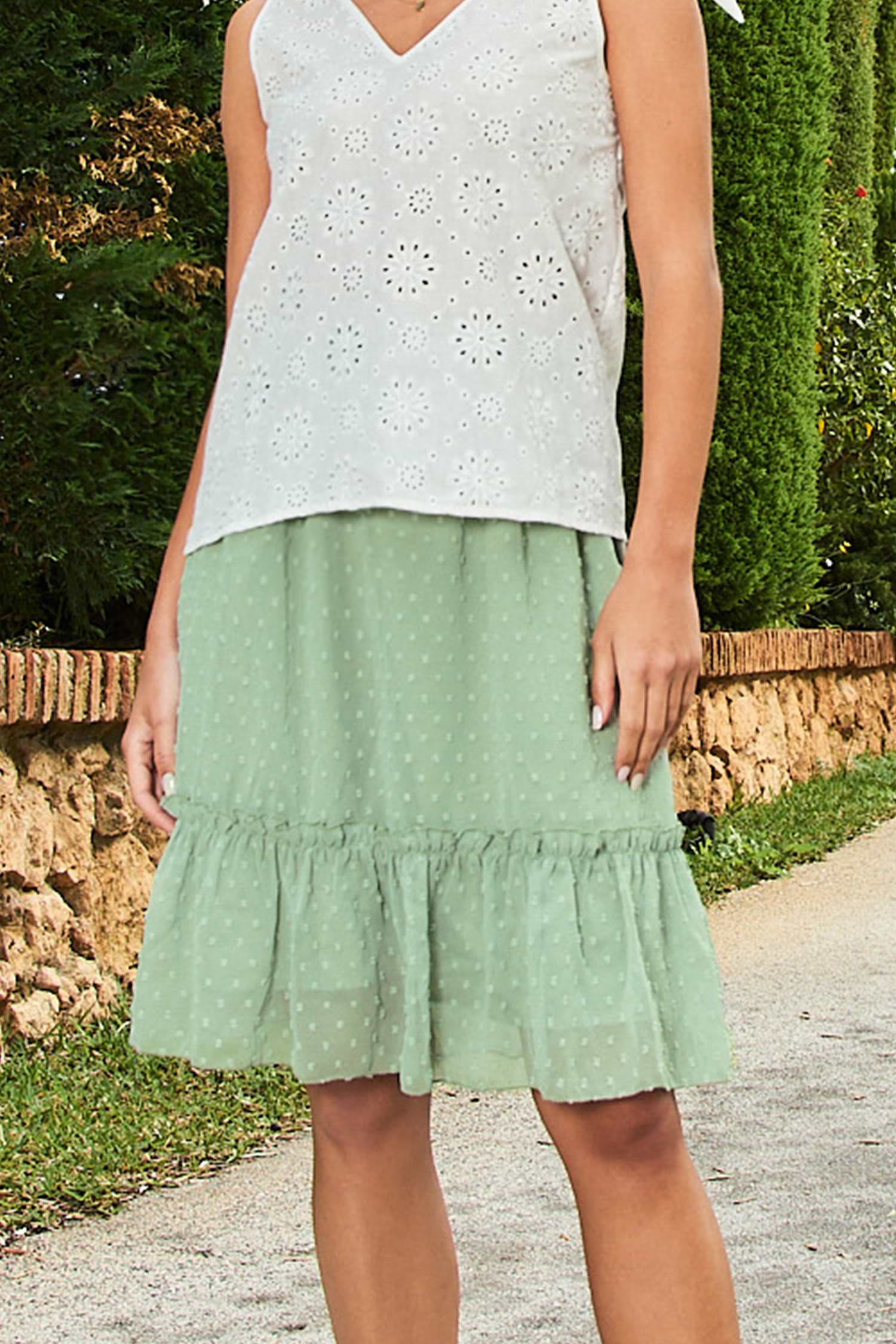 Sage Polka Dot Ruffle Hem Mini Skirt