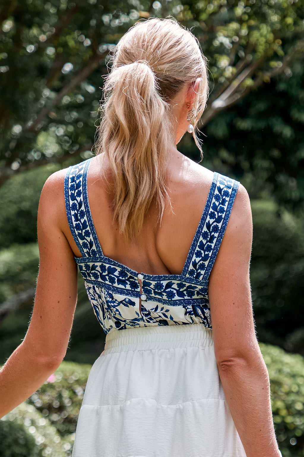 Blue & White Floral Square Neck Flounce Hem Tank
