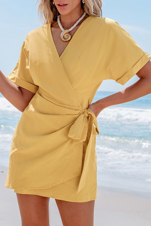 Yellow Short Sleeve Wrap Mini Dress Yellow Short Sleeve Wrap Mini Dress