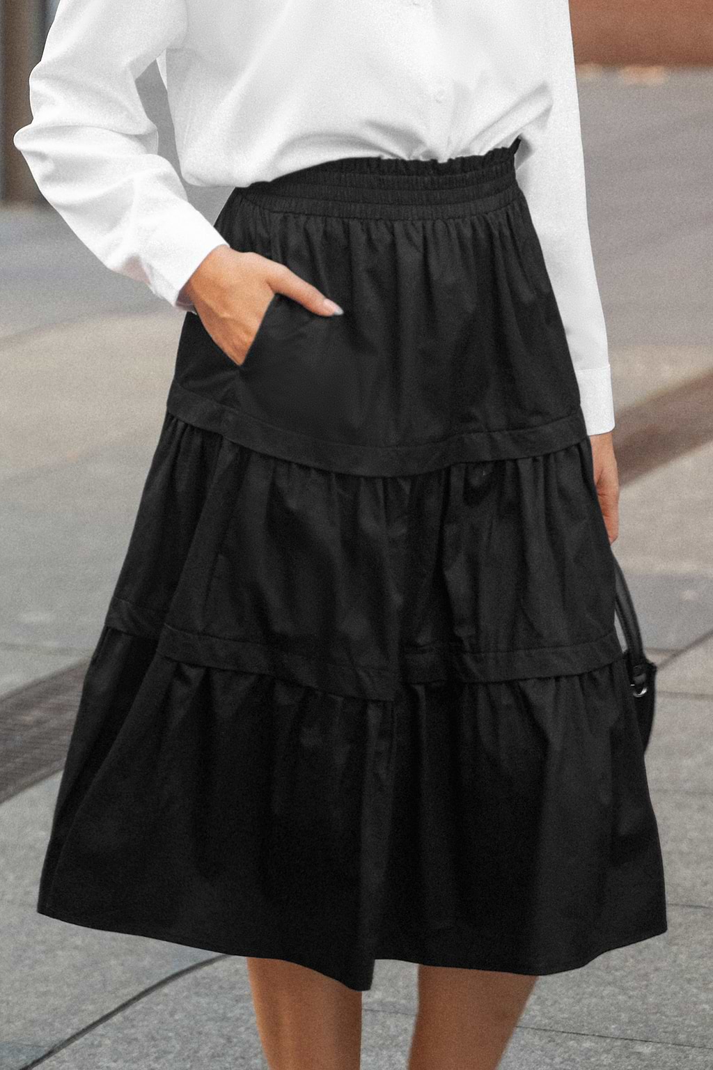 Black Elastic Waist Flared Midi Skirt