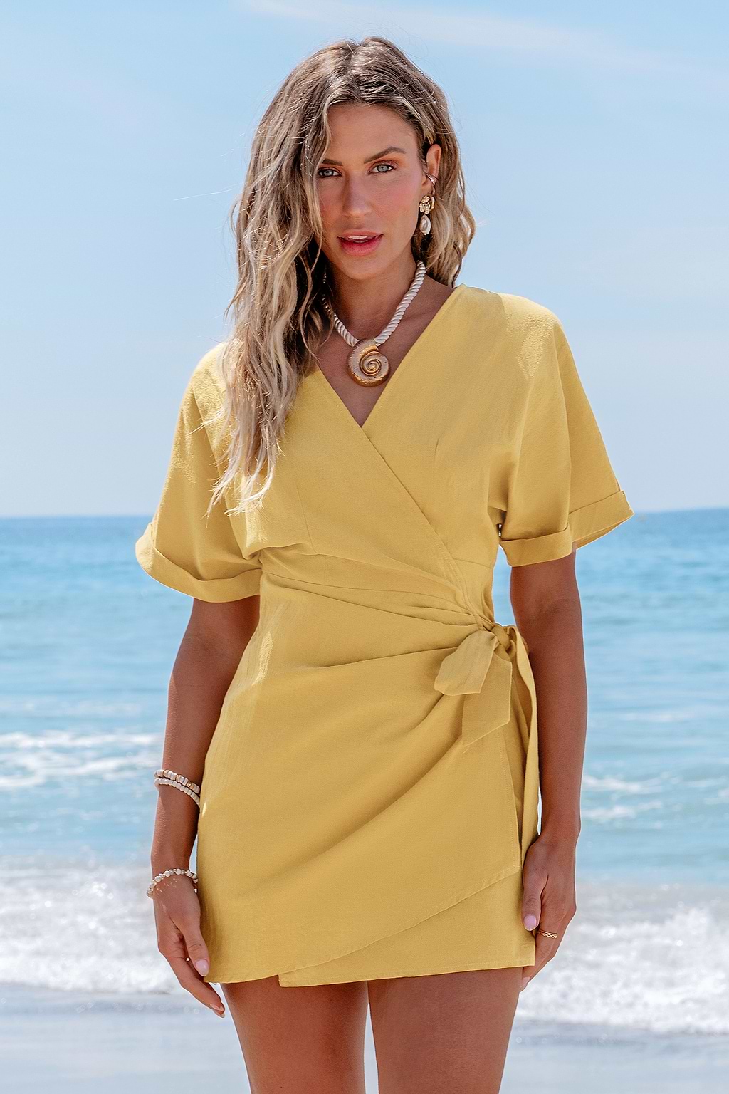 Yellow Short Sleeve Wrap Mini Dress