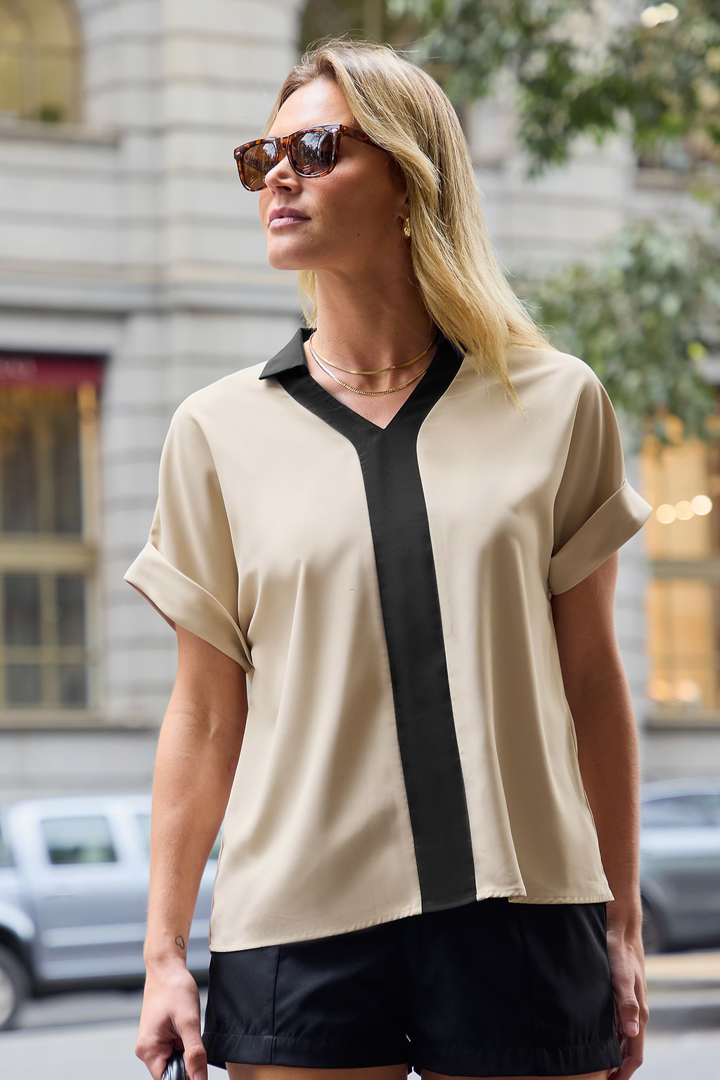 Khaki & Black Colorblock Collared Shirt