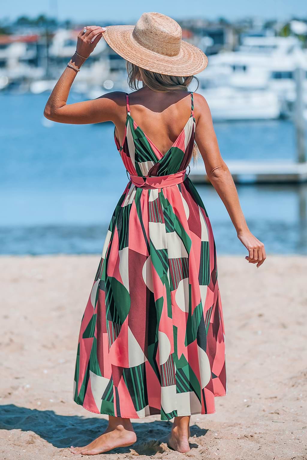 Robe midi sans manches avec taille à nouer géométrique